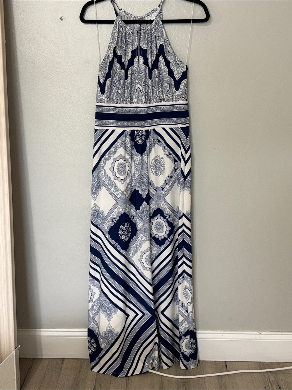 London Style Collection Navy and White Halter Maxi Dress with Tile Print